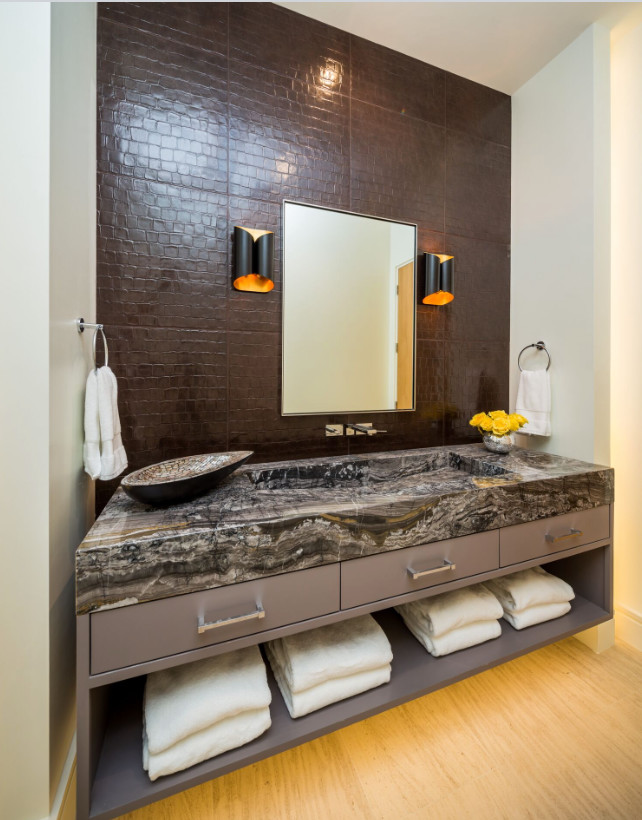 Inspiration for a large modern master bathroom in Los Angeles with flat-panel cabinets, brown cabinets, brown tile, ceramic tile, white walls, light hardwood floors, an integrated sink and marble benchtops.