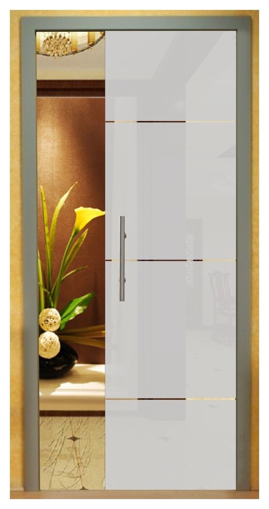 Frameless Pocket Glass Sliding Door With Frosted Stripes Design 28 X80