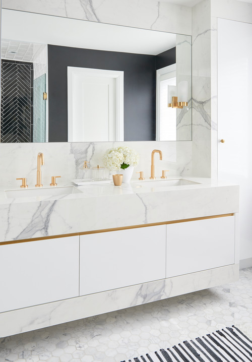 Modern Sophistication: Double Sink White Vanity with Brass Accents