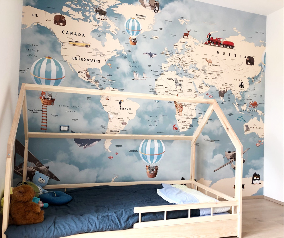Cette image montre une chambre d'enfant nordique avec du papier peint.