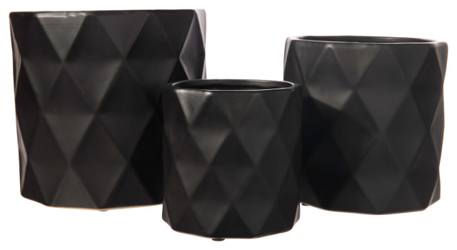 Ceramic Pot with Embossed Symmetric Diamond Design Matte Black Finish, Set of 3
