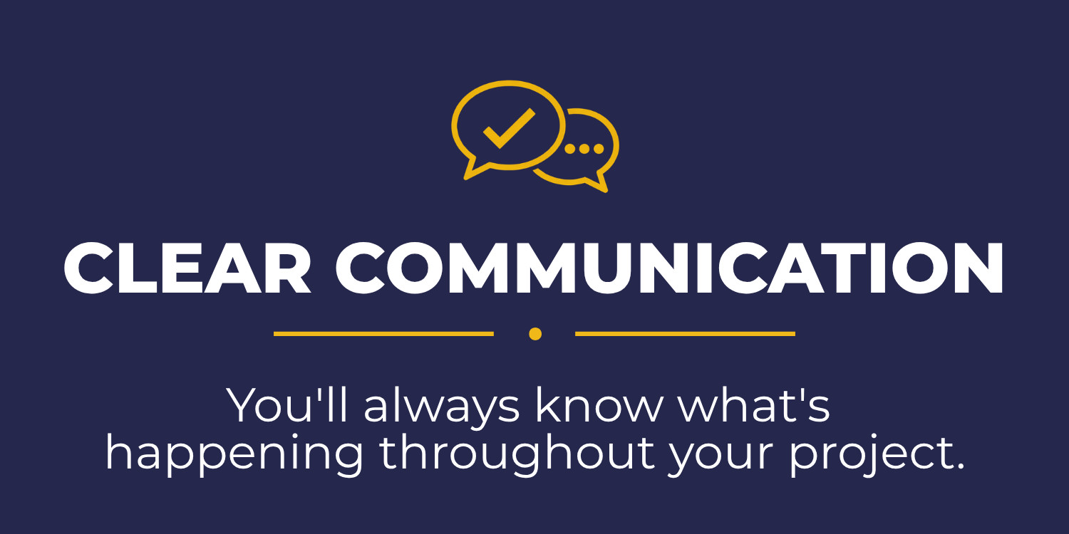 CM Remodeling Group's Clear Communication pillar, featuring a speech bubble icon on a navy blue background.