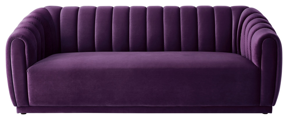 Nicole Miller Dakari Sofa, Channel Tufted Arms and Back, Purple Velvet