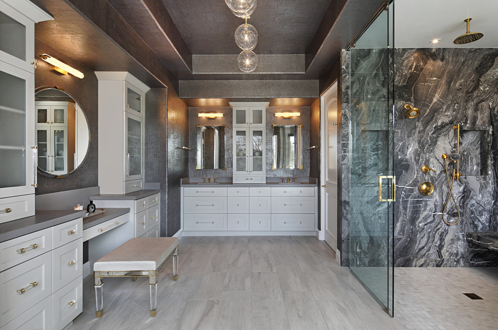 Mid-sized transitional master wet room bathroom in Orange County with shaker cabinets, white cabinets, a freestanding tub, black and white tile, marble, grey walls, light hardwood floors, engineered quartz benchtops, grey floor, a sliding shower screen, grey benchtops and an undermount sink.