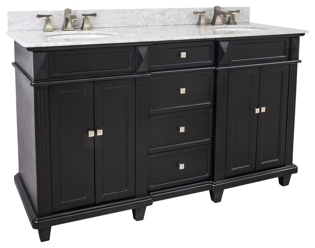 Black Recessed Panel Vanity Set With Fluted Pilasters, Dual Sink