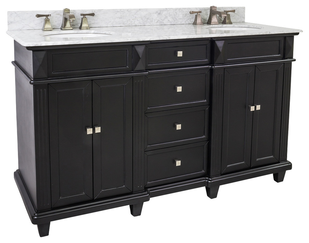 Black Recessed Panel Vanity Set With Fluted Pilasters, Dual Sink