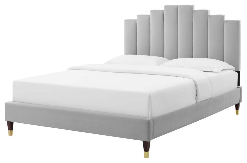 Platform Bed Frame, Full Size, Velvet, Light Gray, Modern Contemporary