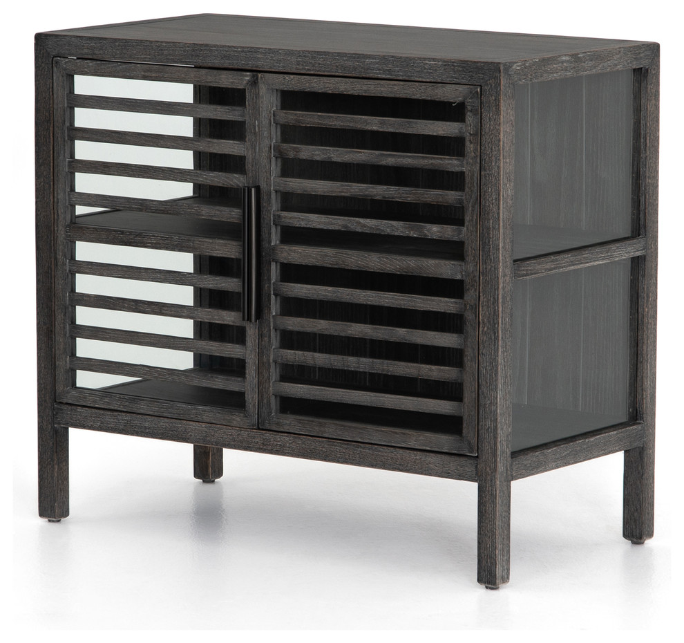 33.75" L Ovidio Small Media Console Oak Iron Tempered Glass Black Transitional Media