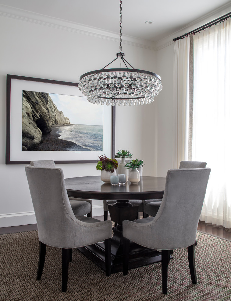 Photo of a transitional dining room in San Francisco with white walls, dark hardwood floors and brown floor.
