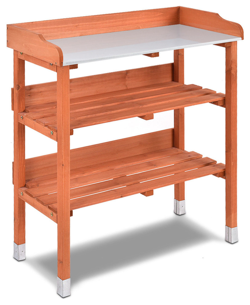 teak potting bench on Costway Garden Wooden Potting Bench Work Table Tool Storage Shelf W Hook Transitional Potting Benches By Goplus Corp Houzz