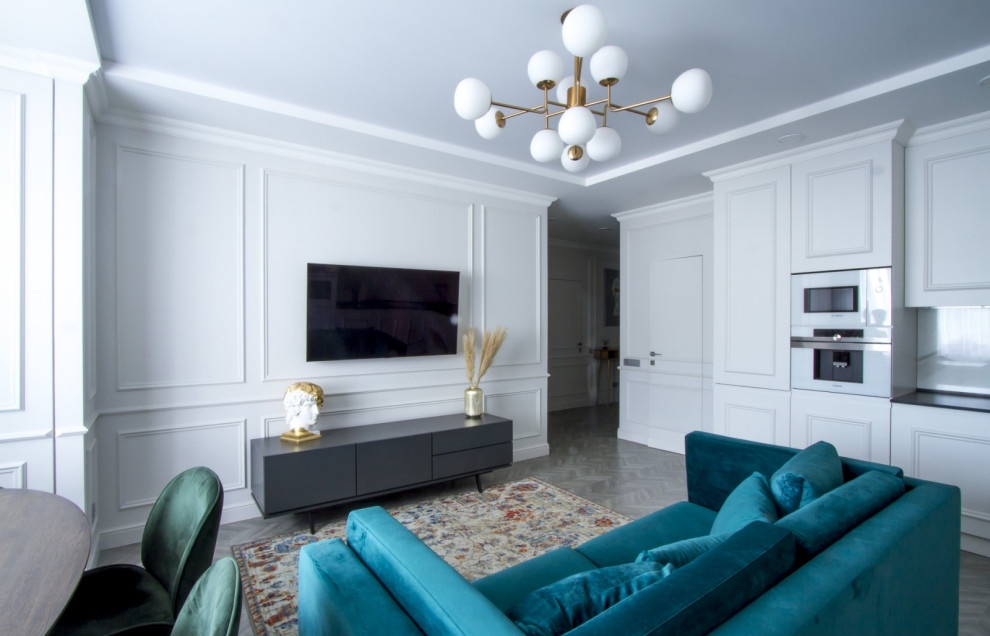 Mittelgroßes, Offenes Klassisches Wohnzimmer in grau-weiß mit Laminat und grauem Boden in Sonstige