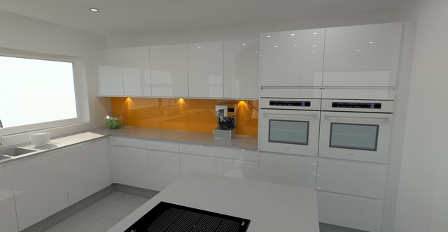 White Kitchen Orange Splashback high gloss white kitchen with orange splashback & stainless steel White Kitchen Orange Splashback high gloss white kitchen with orange splashback & stainless steel