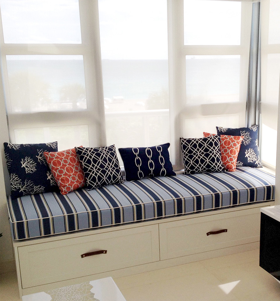 Living room - coastal striped living room idea in Miami