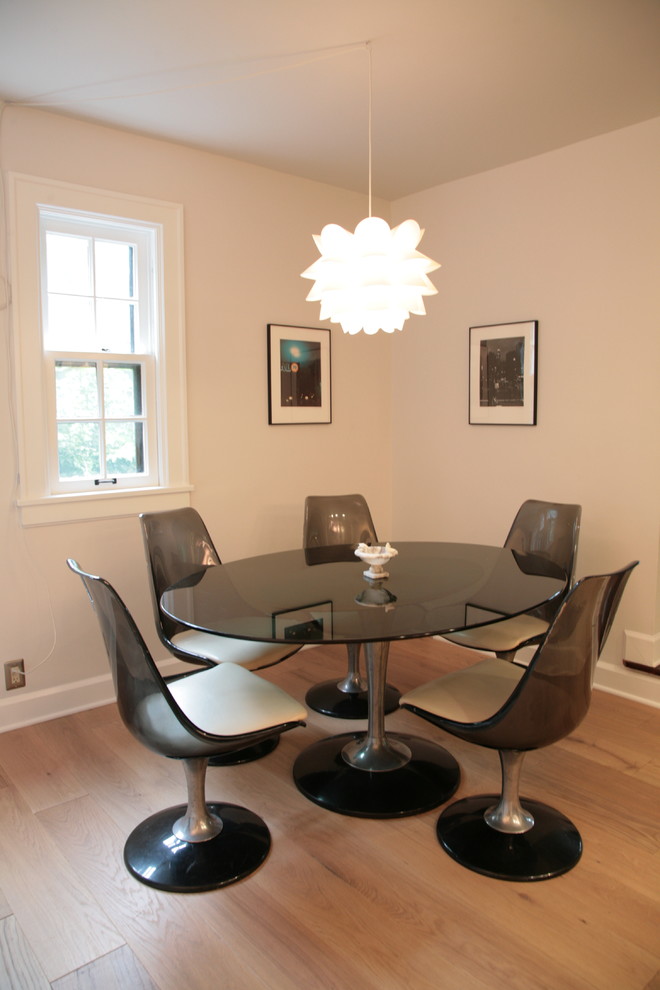 Inspiration for a small transitional light wood floor kitchen/dining room combo remodel in Indianapolis with white walls and no fireplace