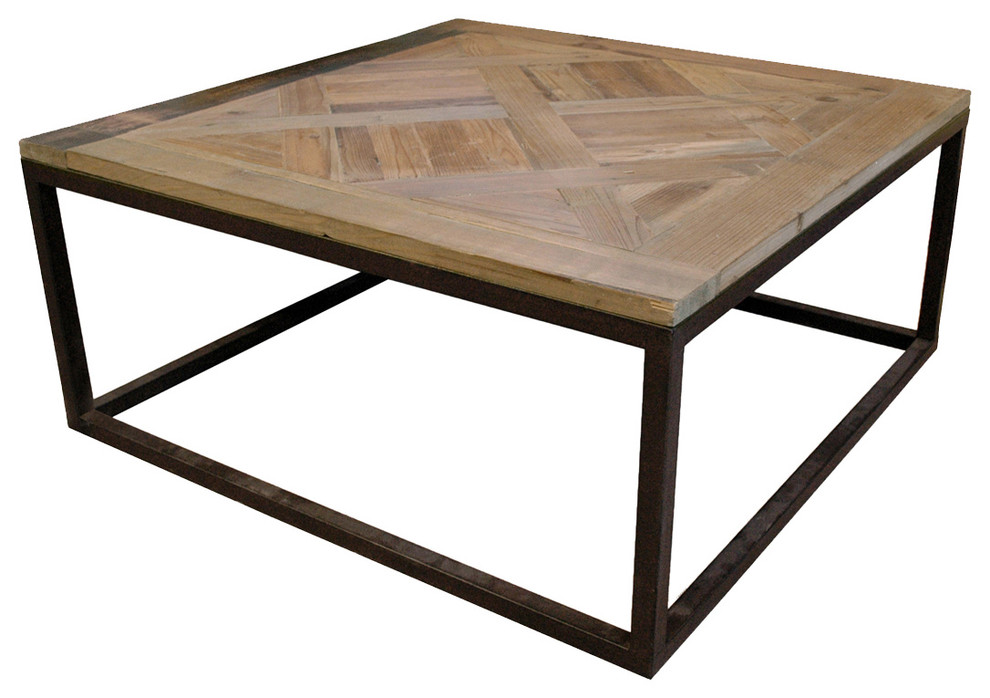 Gramercy Modern Rustic Reclaimed Parquet Wood Iron Coffee Table