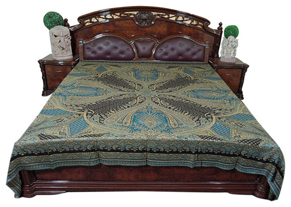 Moroccan Bedding, Pashmina Wool Blanket Throw, Turquoise Black Paisley