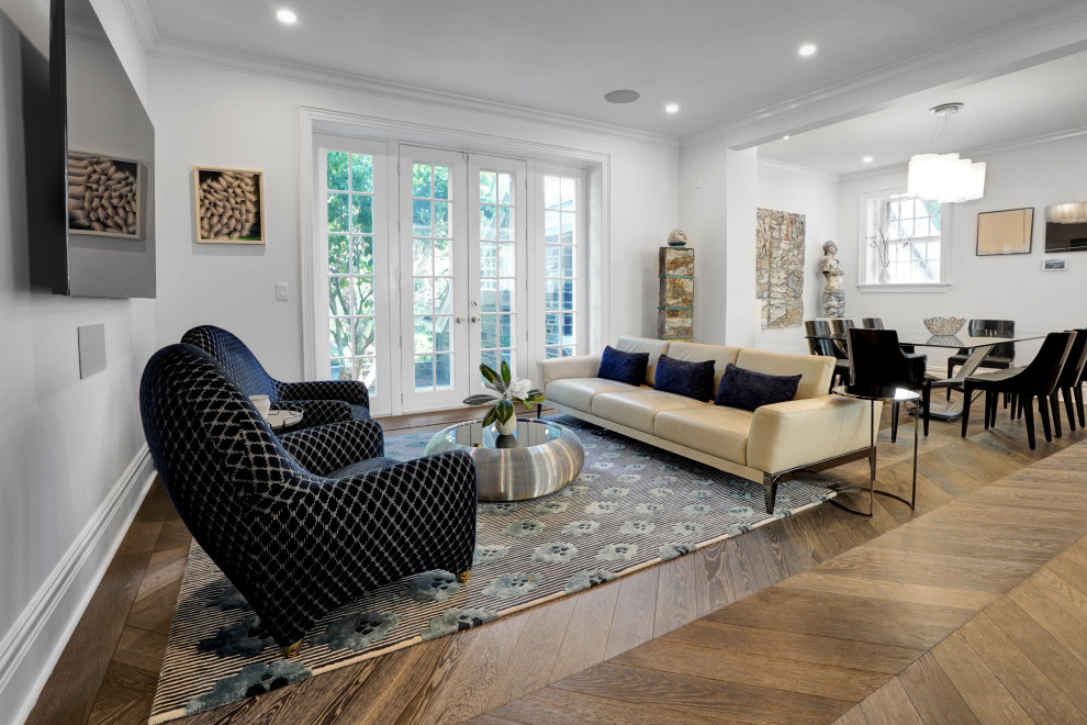 Casual Living Room with Herringbone Parquet Floor & French Doors – Historic Reno