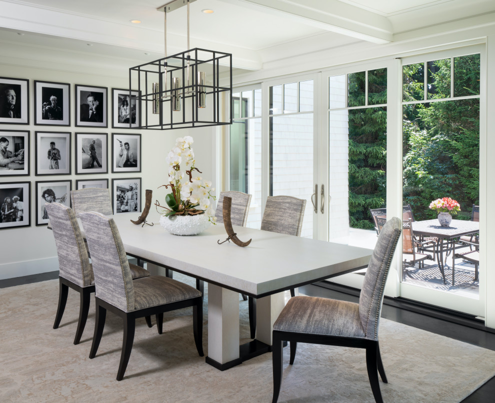 Inspiration for a transitional dark wood floor and black floor dining room remodel in Boston with white walls