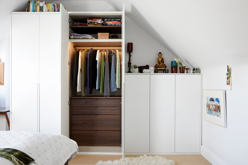 Photo of a contemporary storage and wardrobe in London with flat-panel cabinets, white cabinets, carpet and beige floor.