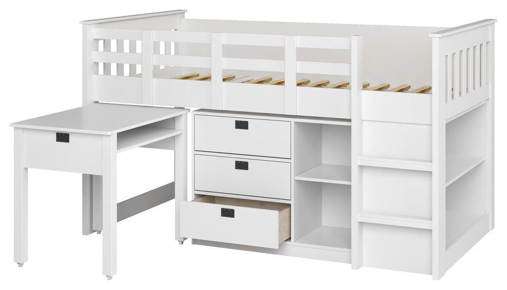 Madison Single/Twin Loft Bed With Desk and Storage, Snow White