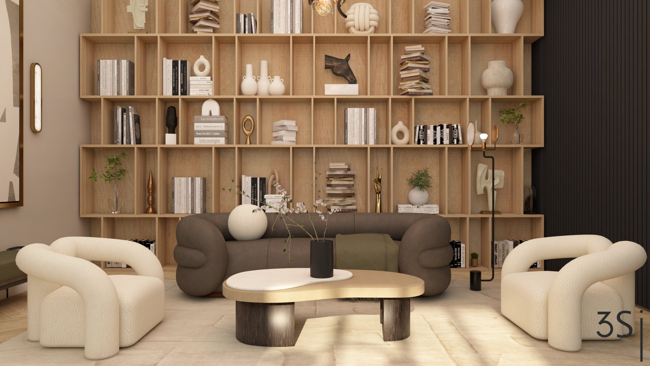 An Elevated living room displaying statement pieces, books and art adjacent to the dining room and two-sided fireplace.