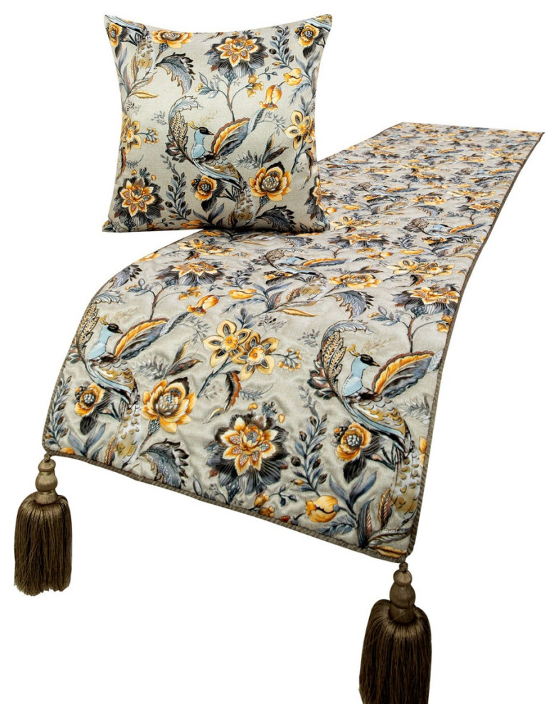 Grey Satin Queen 74"x18" Bed Throws Runner Peacock Quilted - Peacock Swag