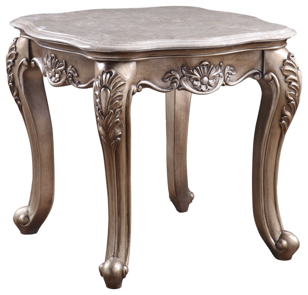 Marble Top Wooden End Table with Carvings and Anne Legs, Champagne Gold
