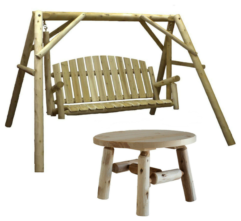 Country Cedar Outdoor Porch Swing and Stand Set With Round Table