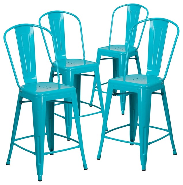 24" High Crystal Blue Metal Indoor/Outdoor Counter Stools, Back, Set of 4