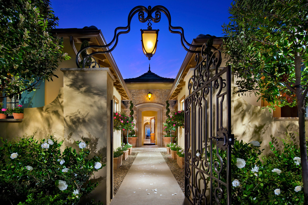 Design ideas for a traditional front door in San Diego with a single front door and a medium wood front door.