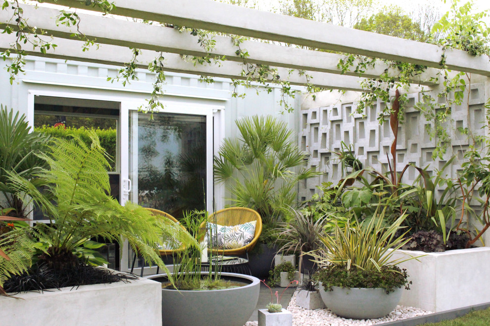 This is an example of a small retro private balcony in West Midlands with a pergola.