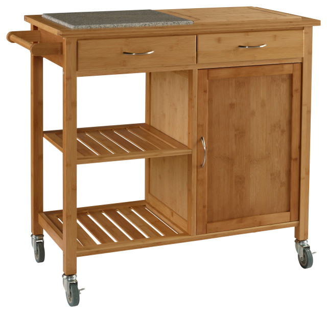 Benzara Contemporary Bamboo Kitchen Cart with Granite Top and Casters