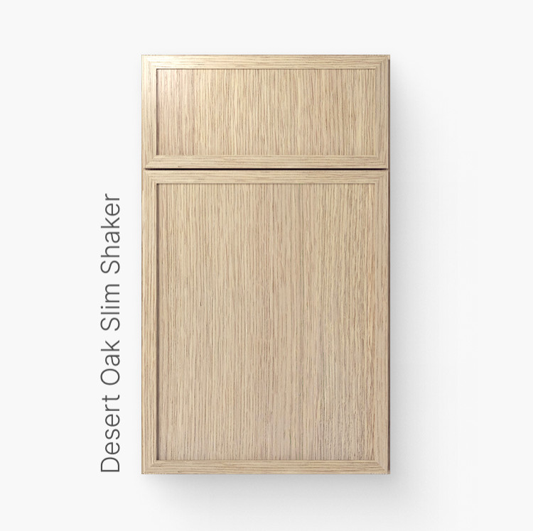 Desert Oak Slim Shaker cabinet door with rift cut white oak grain, recessed center panel and square edges