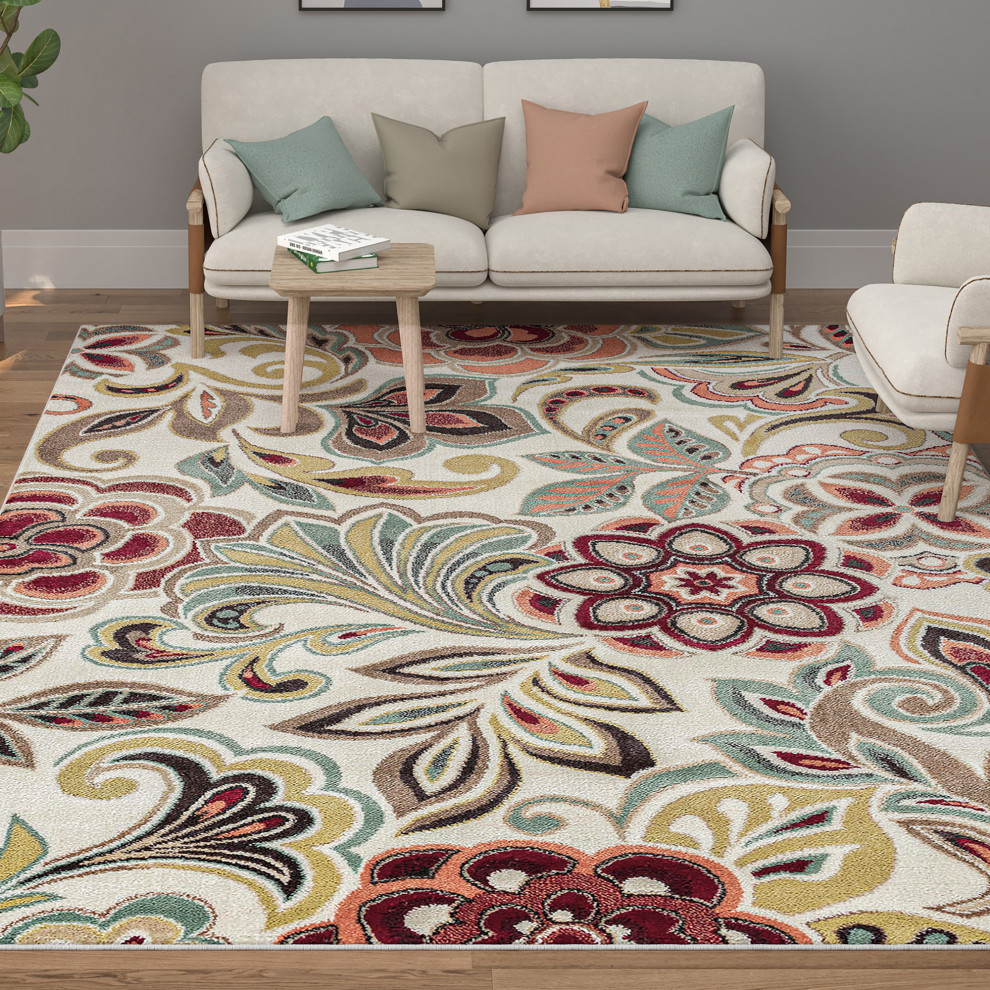 Dilek Transitional Floral Area Rug, Ivory, 9'3"x12'6"