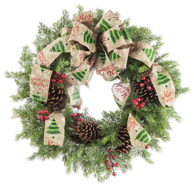24"D Cypress Leaves Pinecone Wreath Traditional Wreaths And