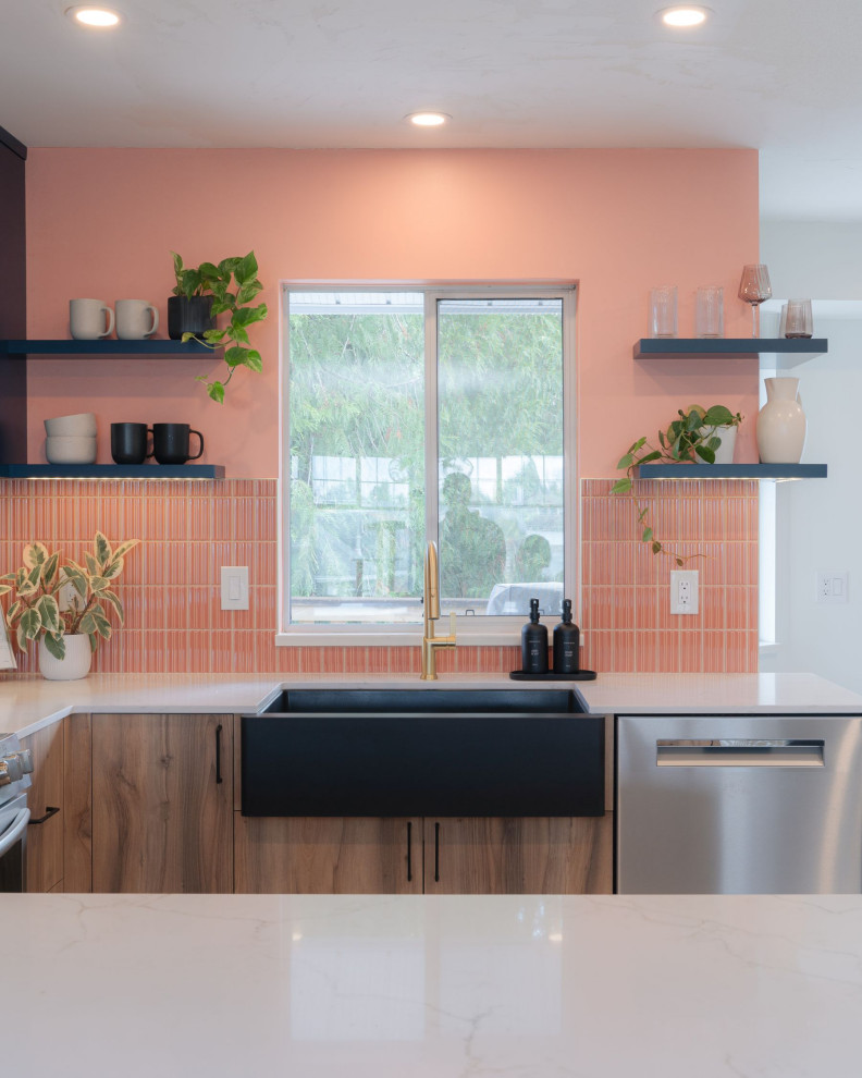 Small transitional u-shaped terrazzo floor and white floor eat-in kitchen photo in Vancouver with a farmhouse sink, flat-panel cabinets, light wood cabinets, quartz countertops, pink backsplash, porcelain backsplash, stainless steel appliances, an island and white countertops