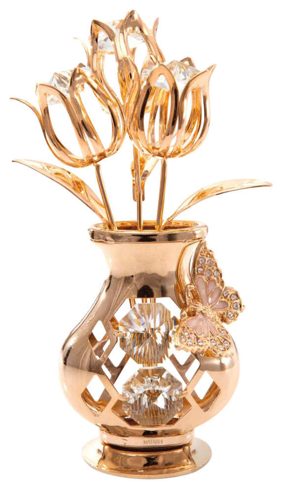 24k Gold Plated Crystal Flower Ornament In A Vase W Butterfly By Matashi Contemporary Decorative Objects And Figurines By Matashi Crystals