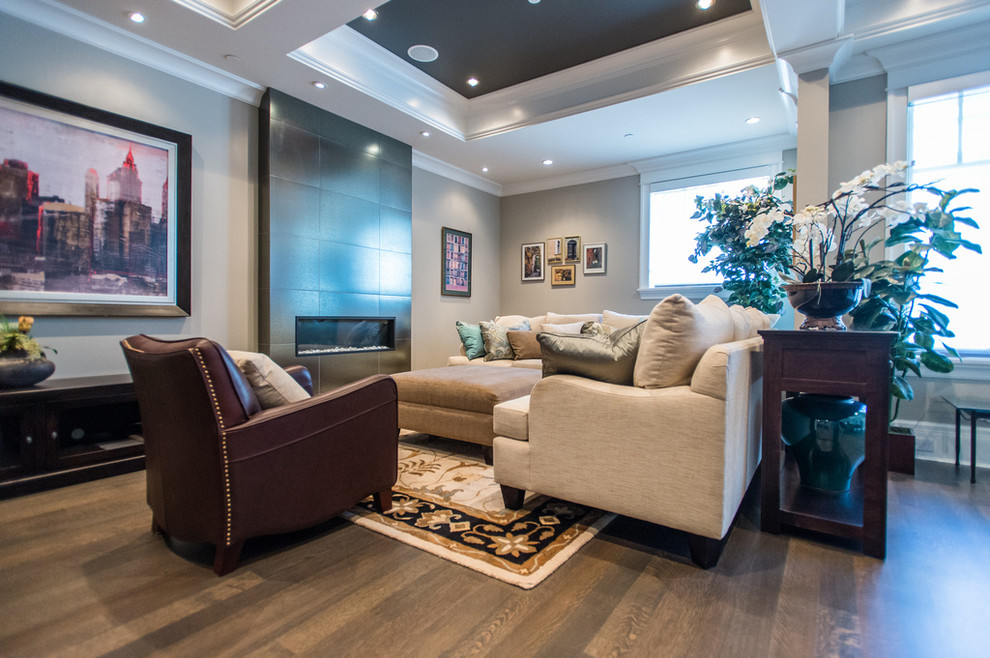 Inspiration for an expansive transitional open concept family room in Vancouver with a home bar, grey walls, dark hardwood floors, a ribbon fireplace, a stone fireplace surround and a wall-mounted tv.