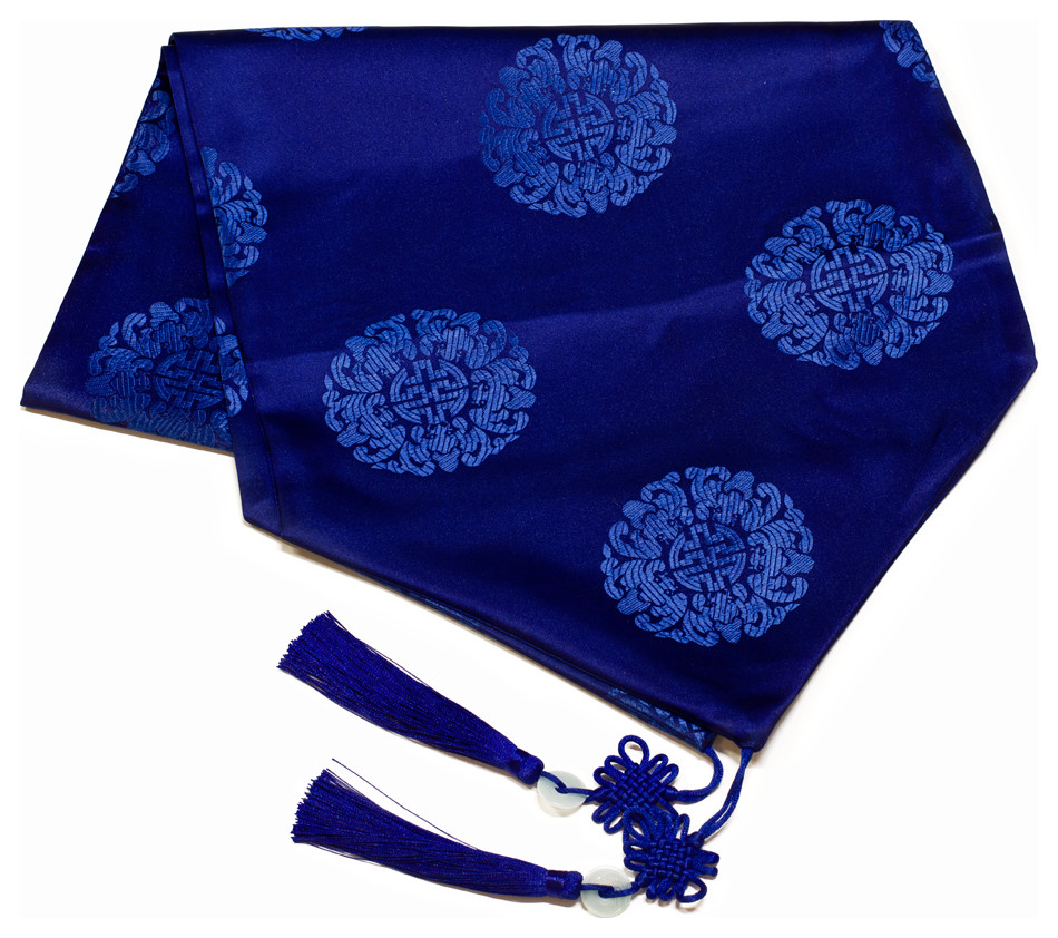 50 Inch Blue Silk Chinese Longevity Motif Table Runner Asian Table