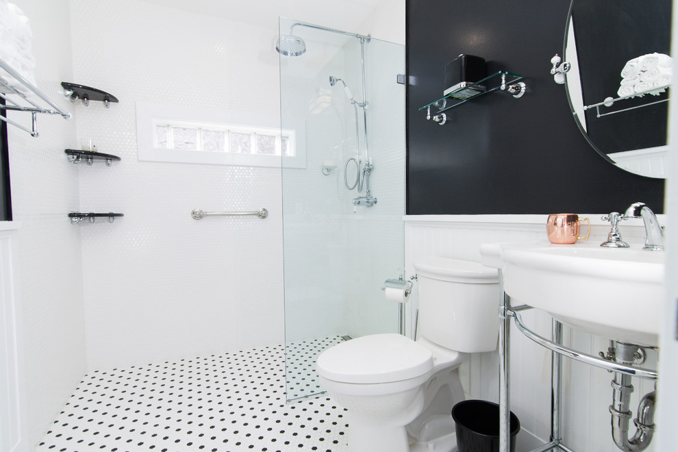 Photo of a small contemporary 3/4 bathroom in Baltimore with a curbless shower, black and white tile, ceramic tile, black walls, ceramic floors, a pedestal sink, an open shower and a two-piece toilet.