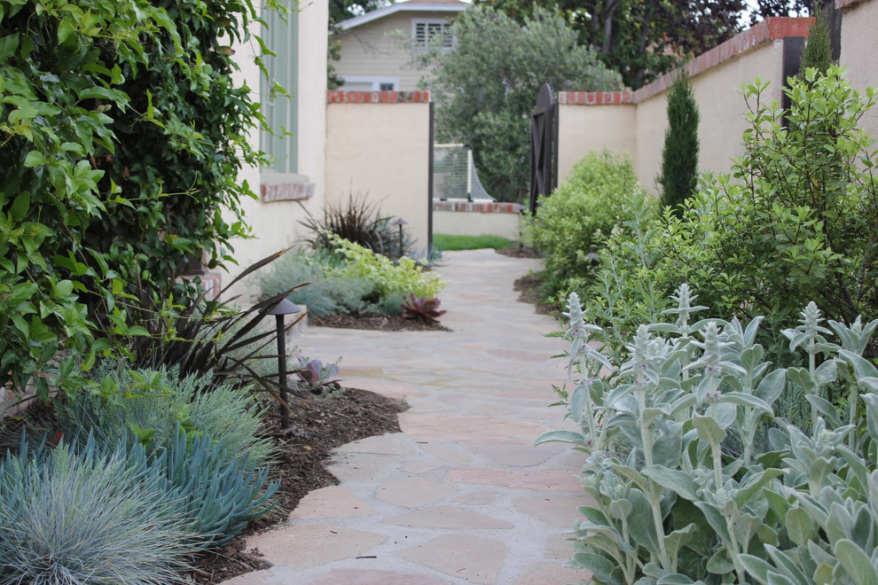 Inspiration for a small mediterranean side yard shaded garden in Los Angeles with a garden path and natural stone pavers.