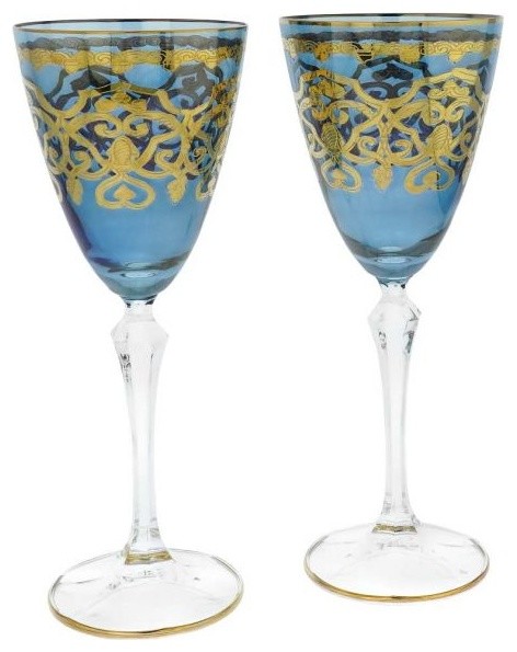 Blue GlassOfVenice Set of Two Murano Glass Wine Glasses 24K Gold Leaf