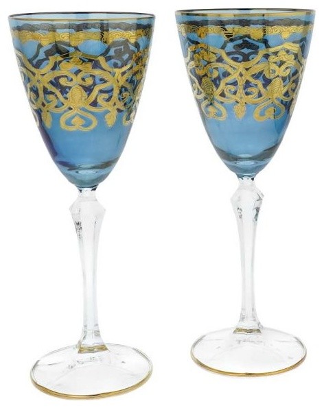 Glassofvenice Set Of Two Murano Glass Wine Glasses 24k Gold Leaf Blue Traditional Wine