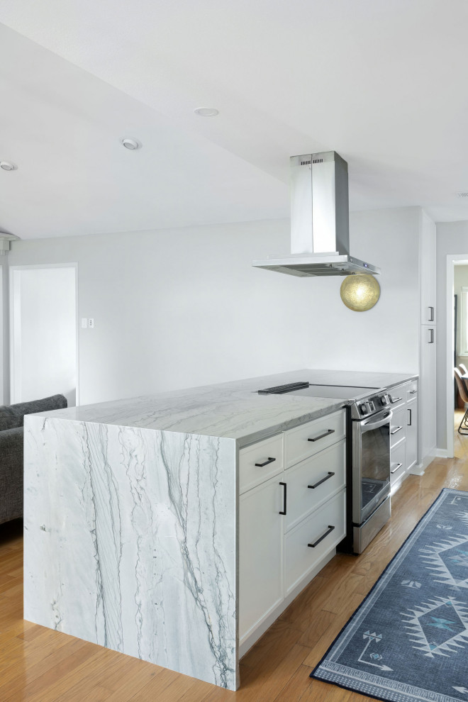 Eat-in kitchen - mid-sized transitional galley light wood floor and yellow floor eat-in kitchen idea in Austin with shaker cabinets, white cabinets, quartzite countertops, stainless steel appliances, a peninsula and gray countertops