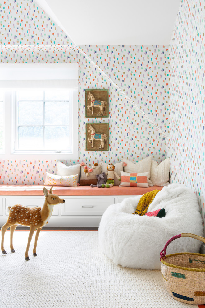 This is an example of a mid-sized country kids' bedroom for kids 4-10 years old and girls in New York.