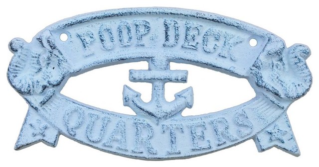 Whitewashed Dark Blue Cast Iron Poop Deck Quarters Sign 9'', Metal Wall Art