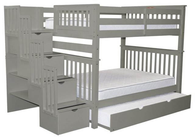 Bedz King Pine Wood Full over Full Stairway Bunk Bed with Full Trundle ...