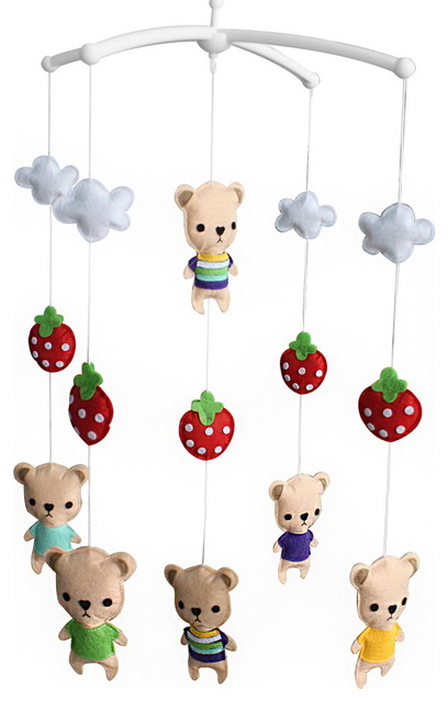 Strawberry And Cartoon Bears Unisex Baby Crib Rotatable Musical