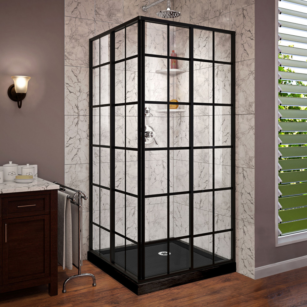 Corner 42"x42" Framed Sliding Shower Enclosure, Satin Black, Black