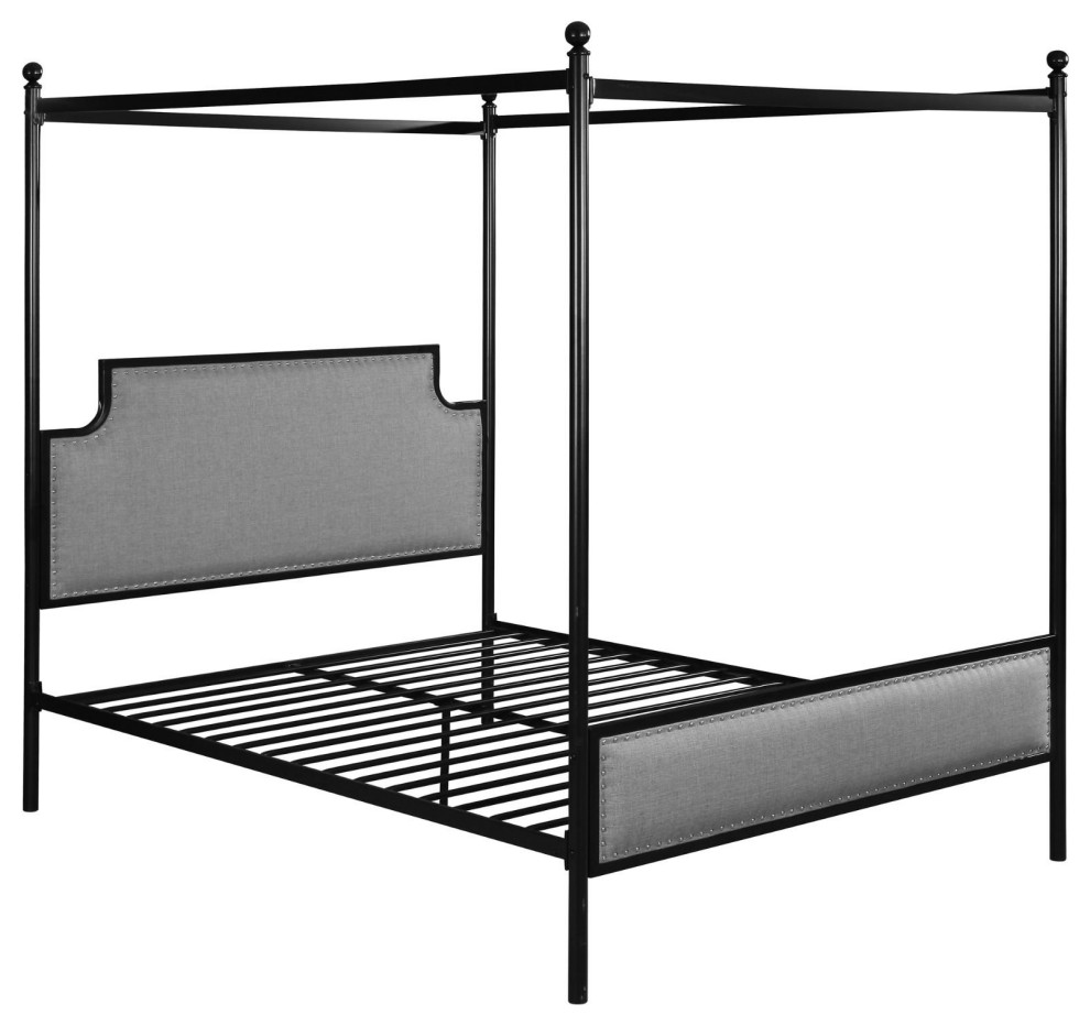 Classic Queen Canopy Bed, Metal Frame & Polyester Headboard With
